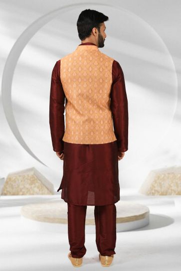 Reception Wear Readymade Maroon Color Banarasi Silk Fabric Beautiful Kurta Pyjama For Men With 3 Pcs Jacket Set