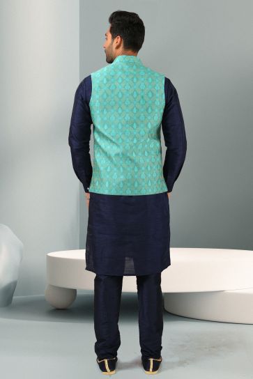 Moss Navy Blue Color Banarasi Silk Fabric Readymade Men Kurta With Jacket Set