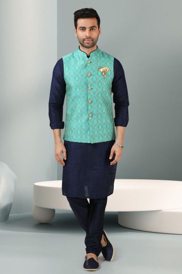 Moss Navy Blue Color Banarasi Silk Fabric Readymade Men Kurta With Jacket Set