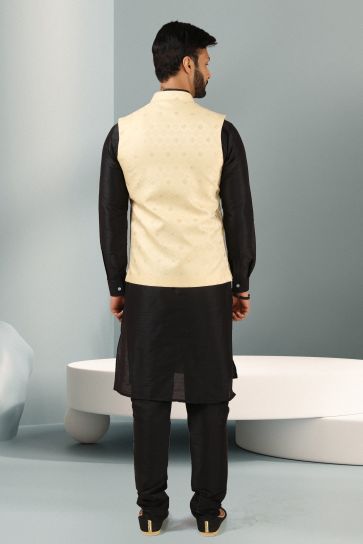 Banarasi Silk Black Color Readymade Ethnic Men Kurta Pyjama And Nehru Jacket