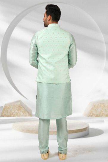 Sea Green Color Banarasi Silk Fabric Designer Readymade Kurta Pyjama With Jacket