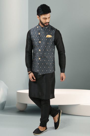Black Color Banarasi Silk Fabric Function Wear Readymade Kurta Pyjama For Men With Jacket