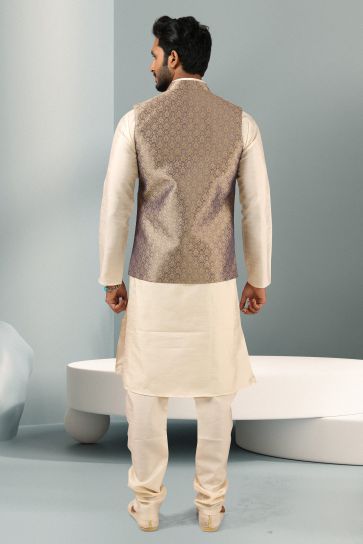 Banarasi Silk Fabric Beige Color Festive Wear Readymade Men Stylish Kurta Pyjama With Jacket