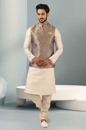 Banarasi Silk Fabric Beige Color Festive Wear Readymade Men Stylish Kurta Pyjama With Jacket