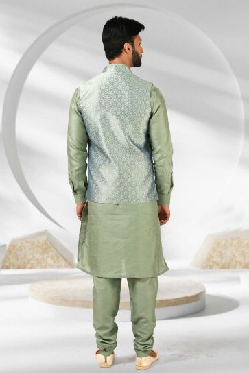 Sea Green Banarasi Silk Fabric Sangeet Wear Trendy Readymade Kurta Pyjama For Men With Jacket