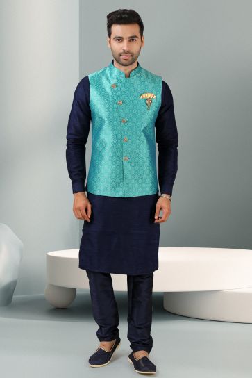 Banarasi Silk Navy Blue Color Wedding Wear Readymade Designer Men Kurta Pyjama With Jacket