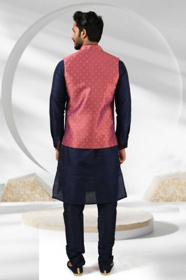Navy Blue Gorgeous Banarasi Silk Fabric Reception Wear Readymade Kurta Pyjama For Men With Jacket