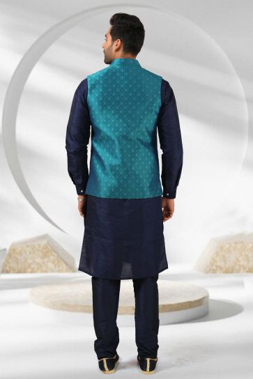 Banarasi Silk Stunning Navy Blue Color Function Wear Readymade Men Kurta Pyjama With Jacket