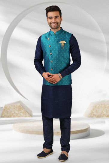 Banarasi Silk Stunning Navy Blue Color Function Wear Readymade Men Kurta Pyjama With Jacket