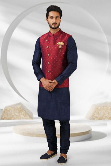 Banarasi Silk Navy Blue Festive Wear Readymade Lovely Kurta Pyjama For Men With Jacket