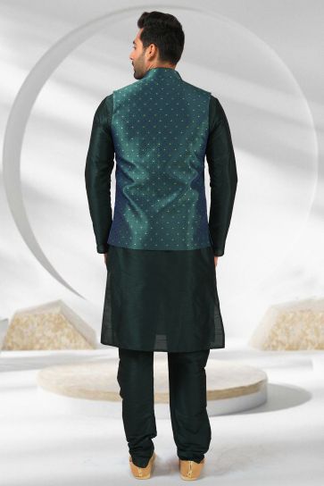 Dark Green Pretty Banarasi Silk Fabric Sangeet Wear Readymade Men Kurta Pyjama With Jacket