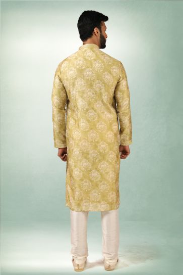 Festive Wear Printed Readymade Kurta Pyjama For Men In Olive Art Silk Fabric