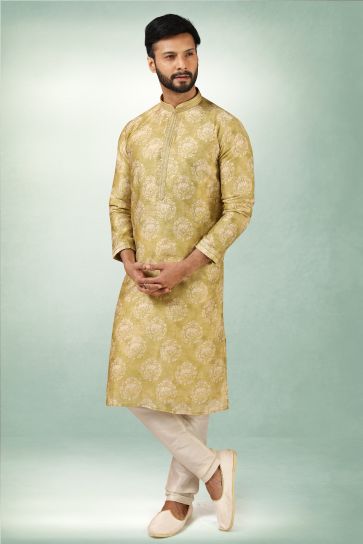 Festive Wear Printed Readymade Kurta Pyjama For Men In Olive Art Silk Fabric