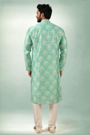 Printed Sangeet Wear Readymade Kurta Pyjama For Men In Art Silk Sea Green Color