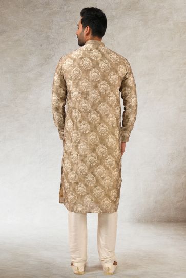 Dark Beige Color Printed Art Silk Fabric Function Wear Fancy Readymade Kurta Pyjama For Men
