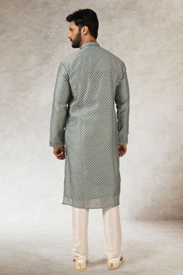 Art Silk Fabric Grey Color Printed Festive Wear Trendy Readymade Men Kurta Pyjama