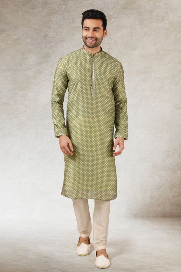 Green Color Sangeet Wear Art Silk Fabric Printed Designer Readymade Kurta Pyjama For Men
