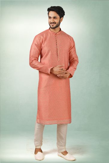 Printed Appealing Peach Color Art Silk Fabric Function Wear Readymade Kurta Pyjama For Men