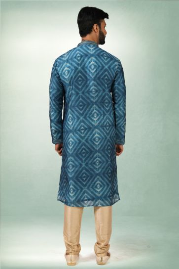 Blue Color Printed Engaging Art Silk Fabric Festive Wear Readymade Kurta Pyjama For Men
