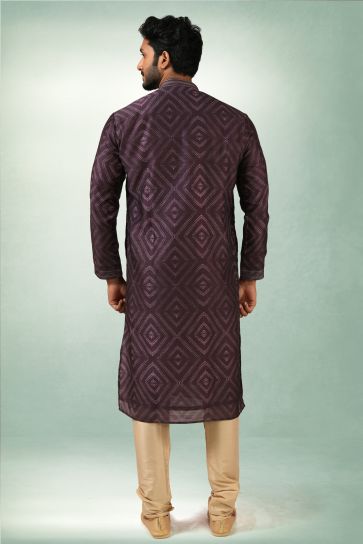 Purple Color Art Silk Fabric Printed Festive Wear Captivating Readymade Kurta Pyjama For Men