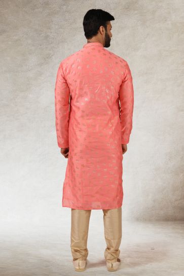 Printed Pink Color Gorgeous Art Silk Wedding Wear Readymade Kurta Pyjama For Men