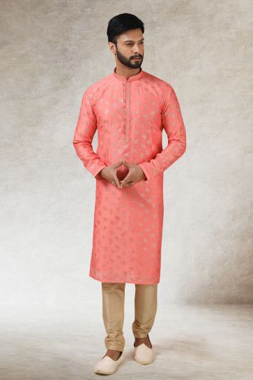 Printed Pink Color Gorgeous Art Silk Wedding Wear Readymade Kurta Pyjama For Men