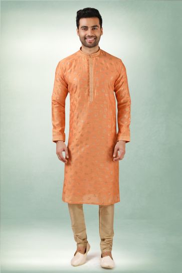 Orange Color Printed Art Silk Fabric Reception Wear Striking Readymade Kurta Pyjama For Men