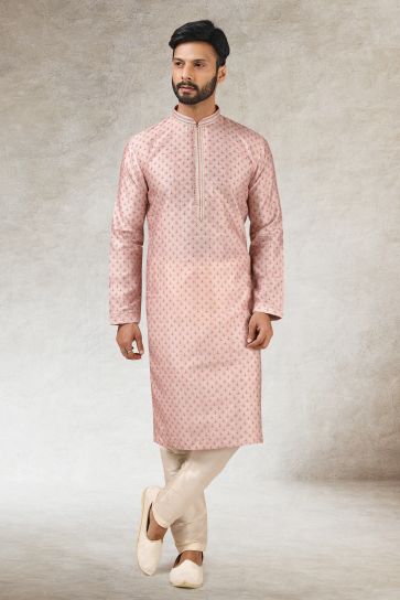Lovely Pink Color Festive Wear Printed Readymade Kurta Pyjama For Men