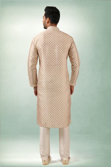 Printed Beige Color Sangeet Wear Pretty Readymade Kurta Pyjama For Men In Art Silk Fabric
