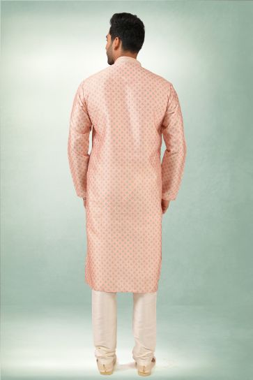 Beautiful Printed Art Silk Fabric Wedding Wear Readymade Kurta Pyjama For Men In Pink Color