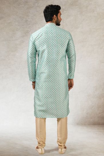 Reception Wear Attractive Printed Readymade Kurta Pyjama For Men In Light Cyan Color Art Silk Fabric