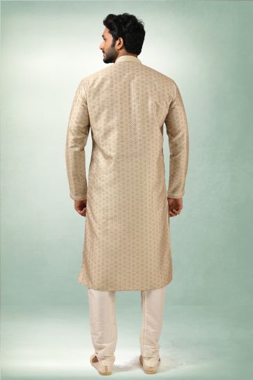 Printed Fancy Beige Color Art Silk Fabric Function Wear Readymade Kurta Pyjama For Men