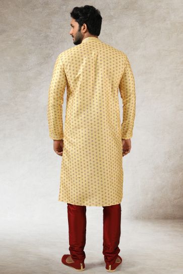 Art Silk Fabric Printed Yellow Color Festive Wear Readymade Men Stylish Kurta Pyjama