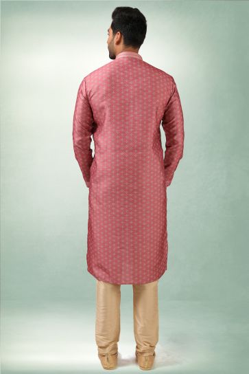 Pink Art Silk Fabric Printed Sangeet Wear Trendy Readymade Kurta Pyjama For Men