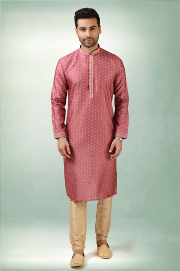 Pink Art Silk Fabric Printed Sangeet Wear Trendy Readymade Kurta Pyjama For Men