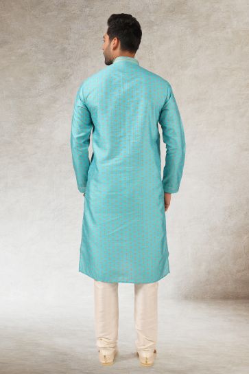 Art Silk Cyan Color Wedding Wear Printed Readymade Designer Men Kurta Pyjama