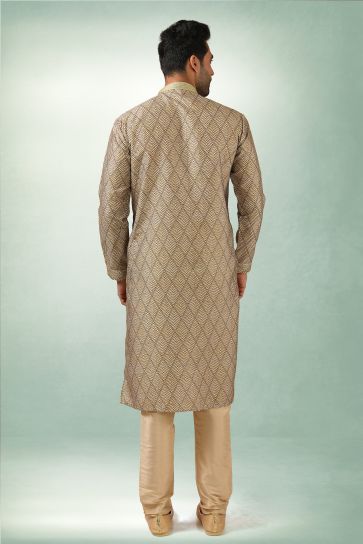 Brown Color Printed Gorgeous Art Silk Fabric Reception Wear Readymade Kurta Pyjama For Men