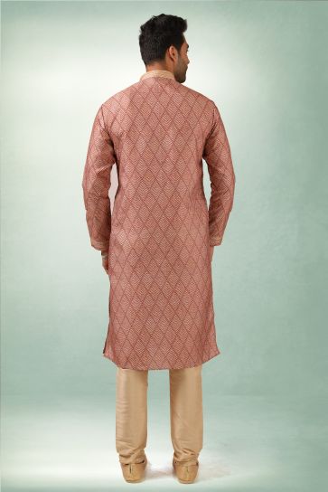 Maroon Color Stunning Printed Maroon Color Function Wear Readymade Men Kurta Pyjama
