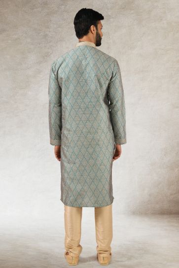 Teal Color Festive Wear Readymade Lovely Printed Kurta Pyjama For Men