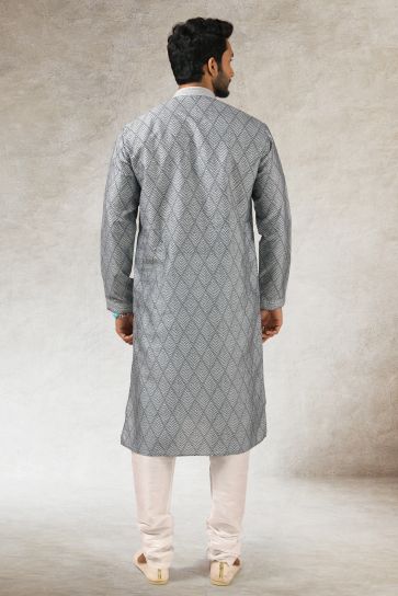 Printed Pretty Art Silk Fabric Sangeet Wear Readymade Men Kurta Pyjama In Grey Color