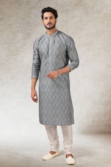 Printed Pretty Art Silk Fabric Sangeet Wear Readymade Men Kurta Pyjama In Grey Color