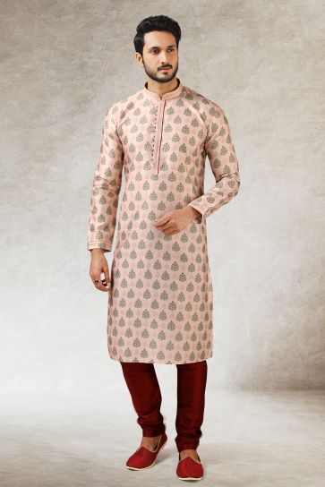 Beautiful Printed Peach Color Wedding Wear Readymade Kurta Pyjama For Men In Art Silk Fabric