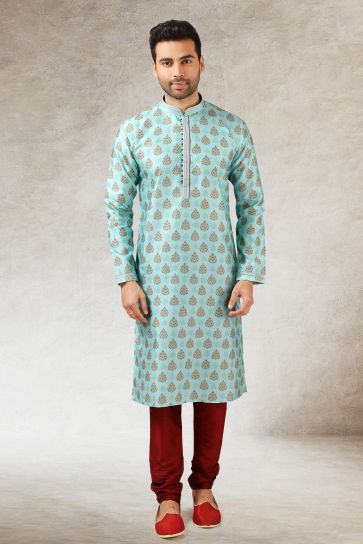 Reception Wear Attractive Printed Readymade Men Kurta Pyjama In Light Cyan Color