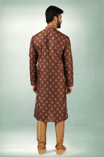 Brown Color Function Wear Readymade Glamorous Printed Kurta Pyjama For Men In Art Silk Fabric