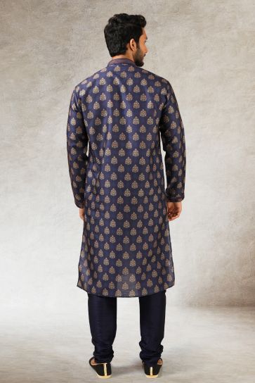 Printed Navy Blue Art Silk Graceful Readymade Men Kurta Pyjama For Festive Wear