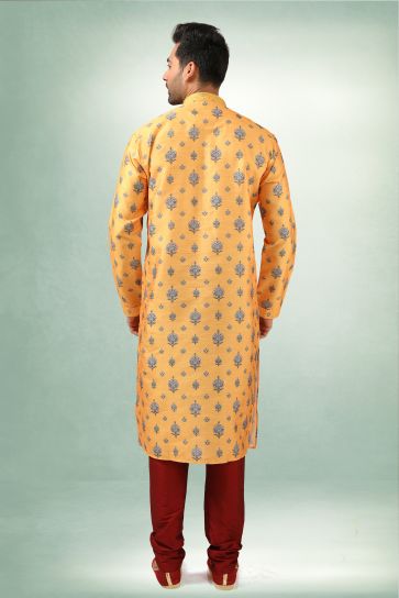 Art Silk Printed Orange Magnificent Readymade Men Kurta Pyjama For Sangeet Wear
