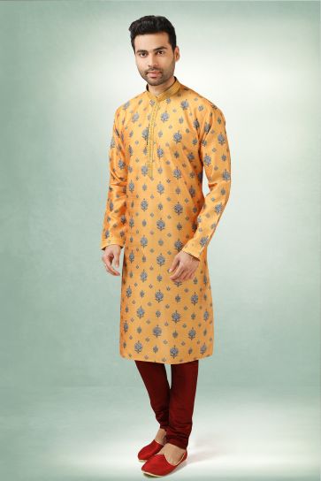 Art Silk Printed Orange Magnificent Readymade Men Kurta Pyjama For Sangeet Wear