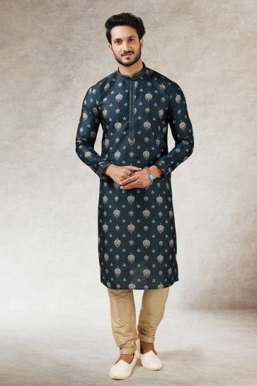 Teal Color Artistic Readymade Printed Men Kurta Pyjama For Wedding Wear