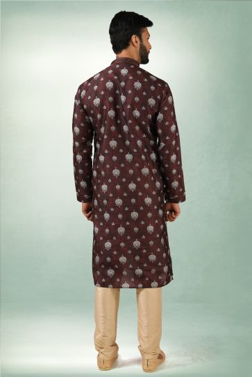 Printed Brown Color Reception Wear Readymade Art Silk Fabric Kurta Pyjama For Men