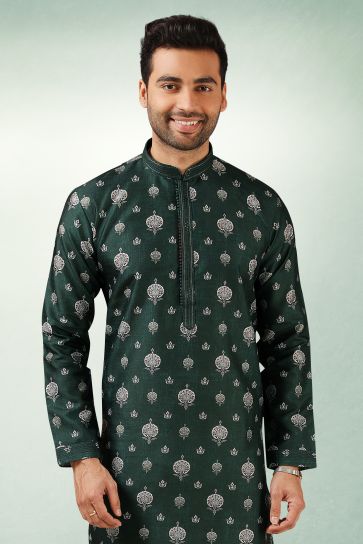 Art Silk Fabric Printed Function Wear Readymade Dark Green Color Kurta Pyjama For Men